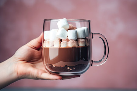 Hand holding chocolate bomb with marshmallows over glass mug on light brick backgroundの素材