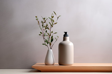 Shampoo bottle and tree branch on table by beige wall.の素材