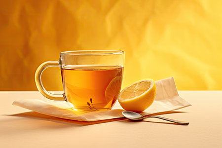 Hot tea in a glass cup, on a yellow table with tea bag and lemon wedges. Spoon and dried tea also onの素材