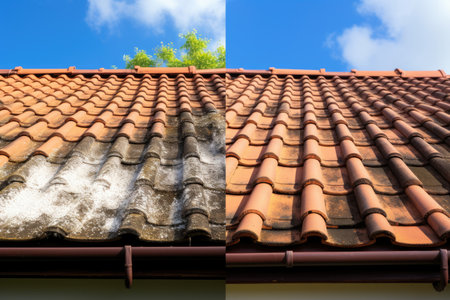 A partially washed house roof reveals the transformation after cleaning.の素材
