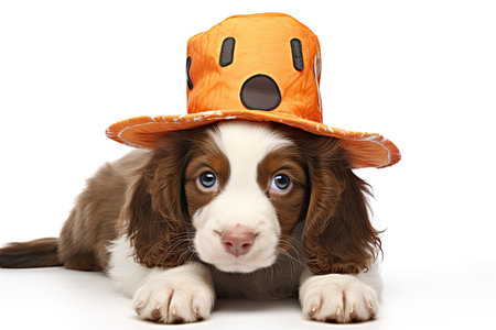 A puppy dog wearing a Thanksgiving hat gazes at the camera.の素材