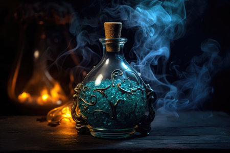 Smoke surrounding bottle of magic liquid.の素材