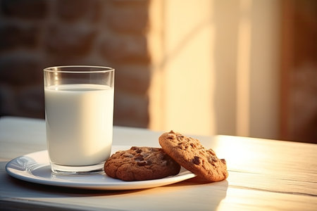 Glass of milk, chocolate cookies, crumbs on white plate, sunrays Yummy breakfast Nutrition, weight lの素材