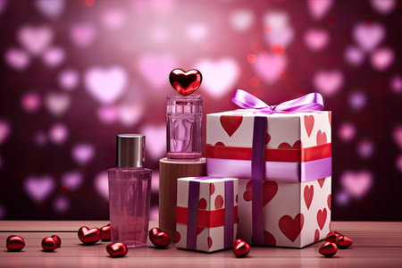 Cosmetic bottles and gift box on heart-filled abstract backdrop.の素材
