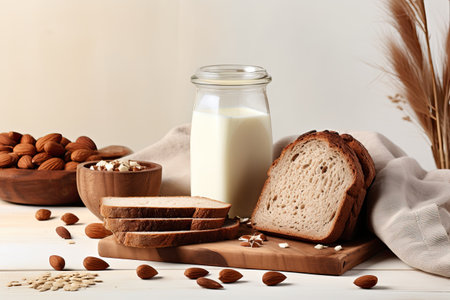 Chocolate-filled bread, hazelnuts, and milk on a beige background.の素材