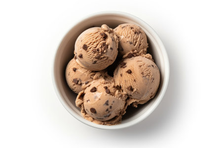 Top view of chocolate cookie ice cream in a bowl, white backgroundの素材