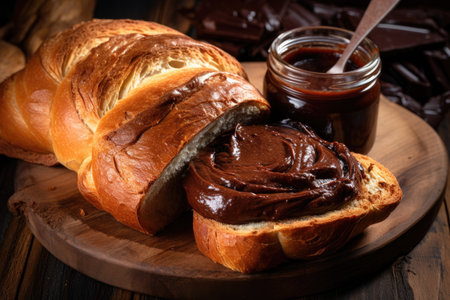 Delicious morning food: chocolate spread on bread.の素材