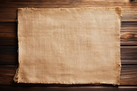 Top view of wooden table with burlap sacking.の素材