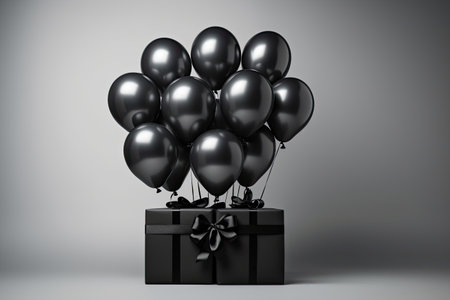 Black Friday concept with isolated black balloons and gift box on a grey background.の素材