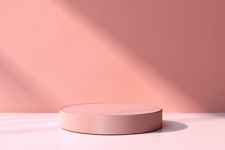 Pastel pink circle podium in sunlight with shadow mockup for presentation cosmetic product or goods,の素材