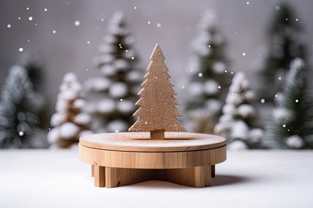 Wooden podium or stand with mini Christmas tree in snowy setting during Christmas holidayの素材