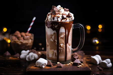 Chocolate shake with sauce and marshmallows drippingの素材