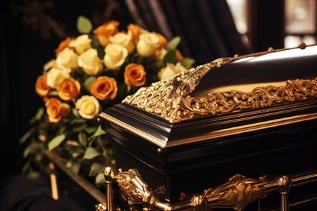 Closeup of funeral casket in hearse or chapel or burial at cemeteryの素材
