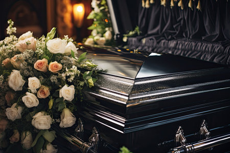 Close-up of funeral casket in hearse or chapel for burialの素材