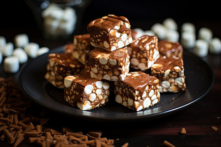 Easy-to-make caramel marshmallows covered in chocolate-flavored puffed rice, perfect for parties andの素材