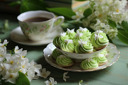 White and green tea cups holding meringue cookies, placed atop an aged magazineの素材