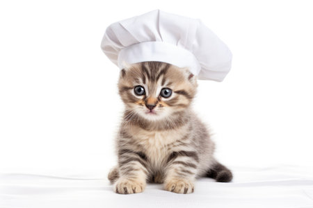 Isolated little kitten wearing a cook hat on a white backgroundの素材