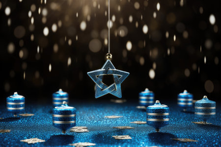 Hanukkah banner adorned with wooden dreidels, shimmering backdropの素材