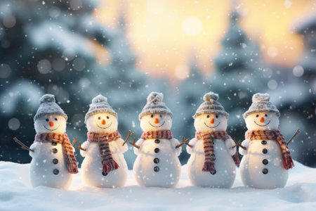 Christmas and New Year greeting card with copy-space; snowmen in winter landscapeの素材
