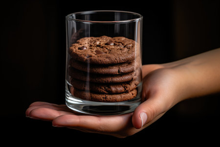 Female hand with chocolate cookie hovering above milk glassの素材