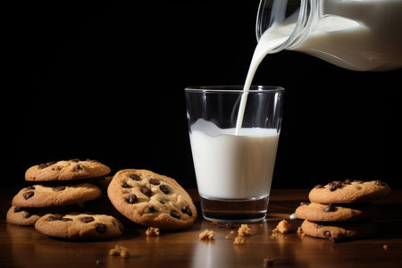 Santa Claus' treat of milk and cookies Festive background for Christmas or New Year Greeting Cardの素材