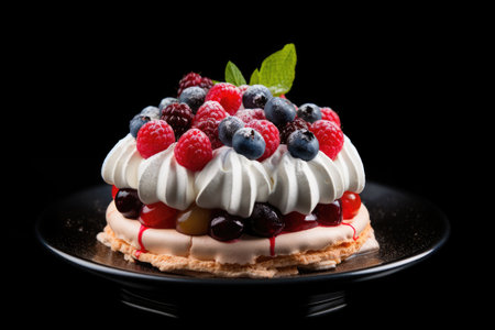 Single-layer Pavlova cake with mixed berries on dark background, Closeupの素材