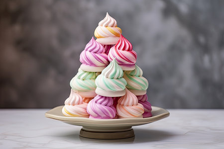 Colorful meringues on a ceramic stand with tiled backgroundの素材