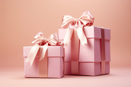 Beautifully decorated gift boxes on a pink background with serpentine and bows.の素材