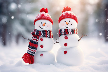 Snowman couple, outdoor, Christmas decoration, New Year snowmen with Santa hats, happy holiday celebの素材