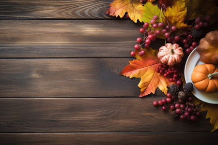 Fallen leaves and fruits create a vintage autumn background on an old wooden table, representing Thaの素材