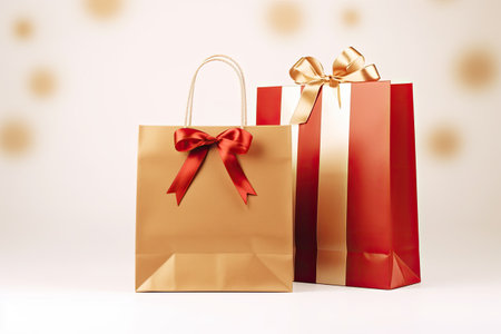 Gift boxes emerge from bag on white backdrop.の素材