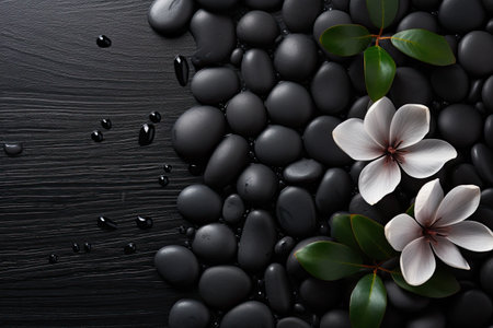Black massage stones and spa flowers placed on wooden board for a tranquil spa setting, with copy spの素材