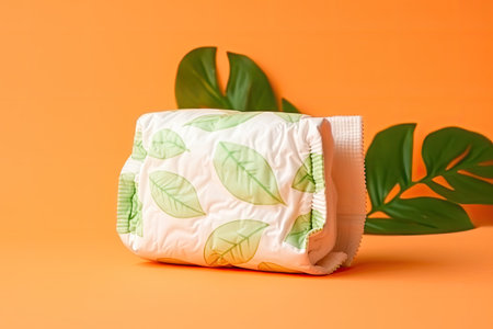 Eco-friendly disposable diapers with orange background and green leaves.の素材