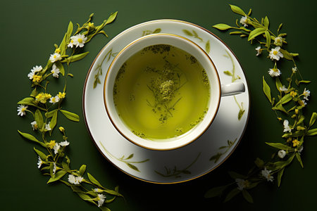 Hot green tea brewed in a white porcelain cup, viewed from above with a tea strainer.の素材