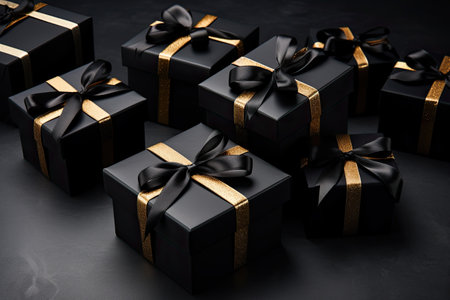 Black gift boxes with black ribbons on a black backdrop.の素材