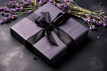 Romantic, black gift box with textured bow and lavender on a dark background. For birthdays, anniverの素材