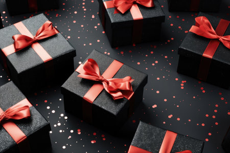 Black Friday: Overhead shot of black gift boxes with red ribbon on black and white paper, offering rの素材