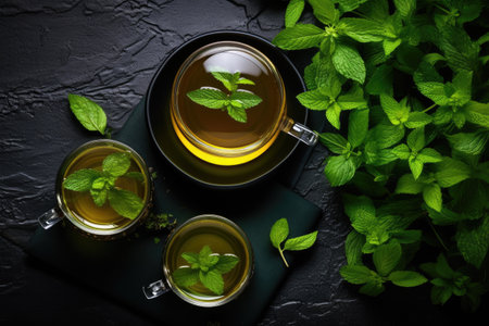 Web banner showing tabletop view of cups and teapot with calming green mint tea.の素材