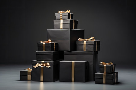Stack of different sized black gift boxes. Symbolizes Christmas.の素材