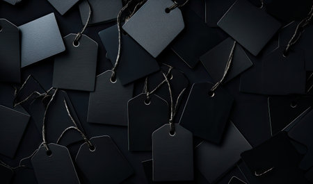 Large black tag with multiple smaller ones against a Black Friday backdrop, providing room for text.の素材