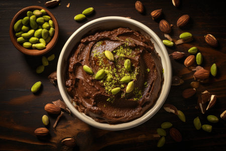 Pistachio-topped chocolate-nut spread on a table, seen from above.の素材