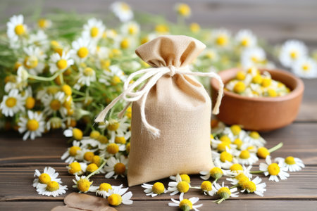 Chamomile tea in a bag, close-up on a white wooden background. Copy space available for text.の素材