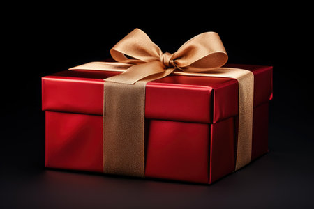 Black background with red paper-wrapped Christmas gift box.の素材