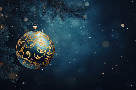 Golden glittering Christmas tree in ball hanging from blue abstract night with fir branch.の素材