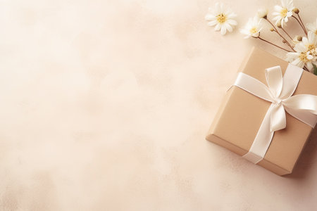 Minimalistic craft gift box with flowers on light beige background. Template background with copy spの素材