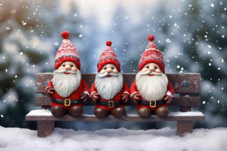 Festive holiday card: Adorable gnomes with red hat and white beard on snowy bench, magical snowfall.の素材