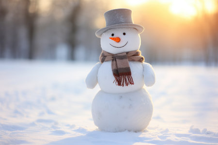 Adorable snowman in a field of snow.の素材