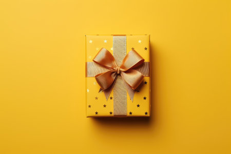 Beautiful gift with bow on yellow background in flat lay.の素材