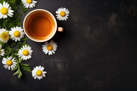 Top view of chamomile tea with copy space on dark background, promoting home remedy and herbal medicの素材