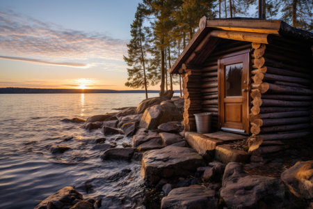Finnish Sauna interior illuminated by elegant LED lights and dark wood.の素材